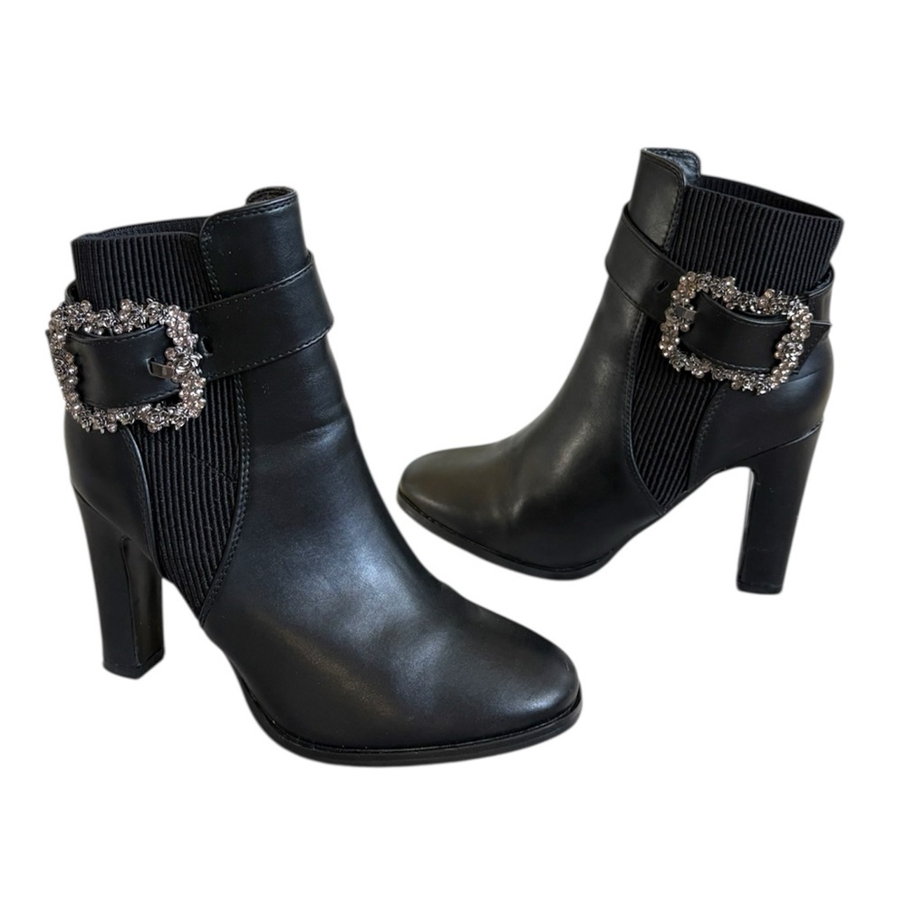 Vintage Jessica Carlyle Black Faux Leather Ankle Boots Floral Rhinestone Buckle